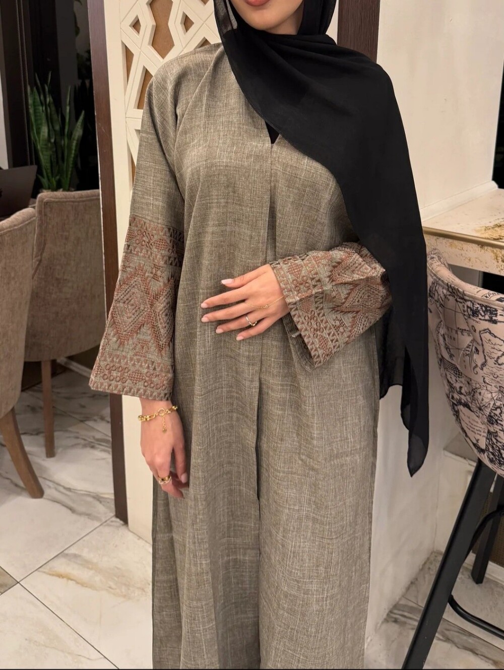 Taupe & Brown Embroidered Linen Abaya With Matching Taupe Hijabe SIZE 60